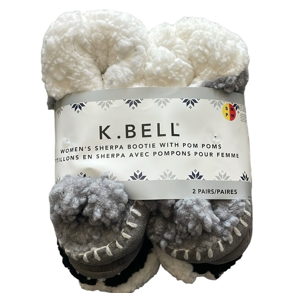 K. Bell - 2 Pack Sherpa Bootie Slippers with Pom Poms - Picture 3 of 4
